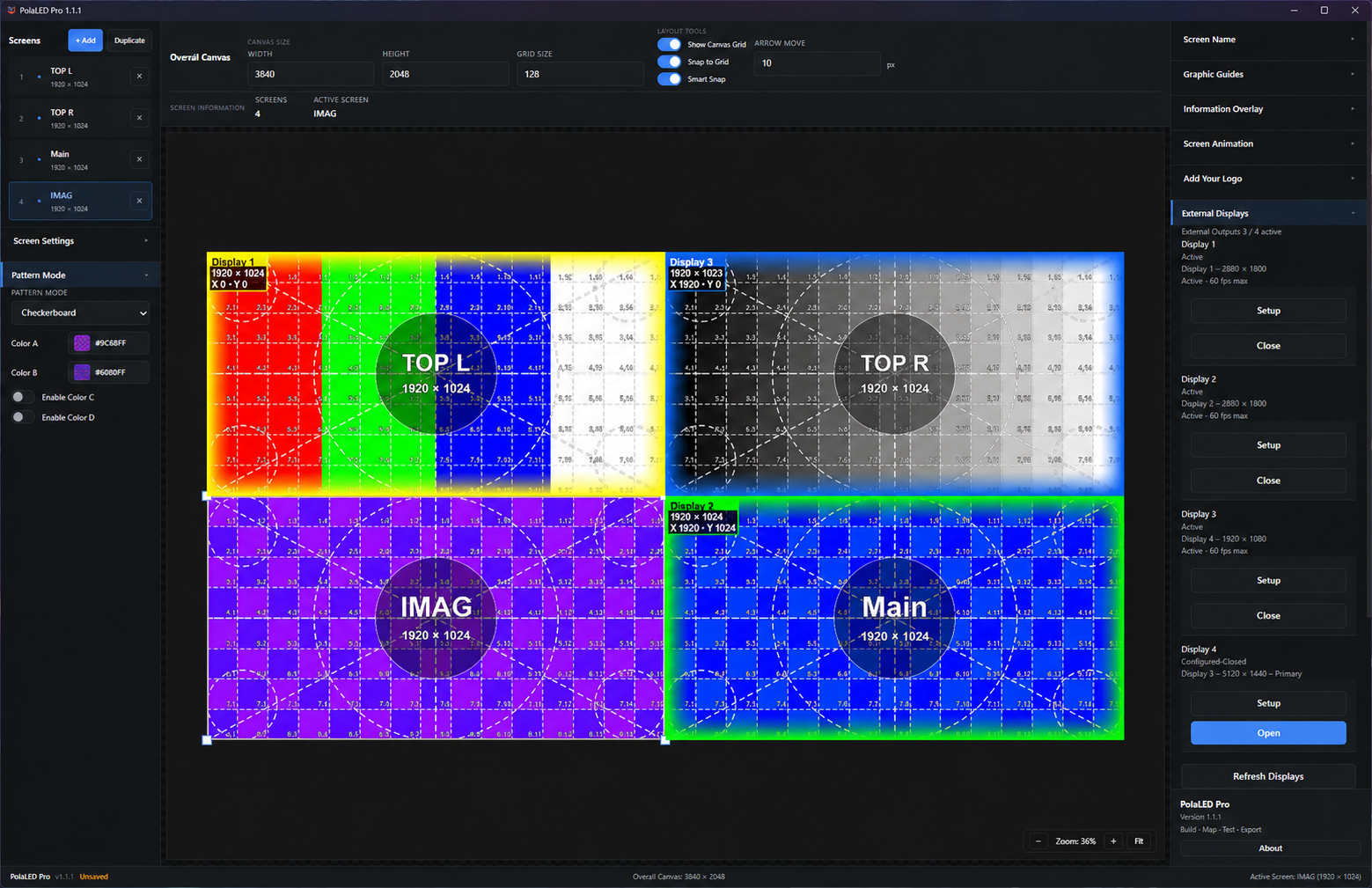 Four external display regions in PolaLED Pro