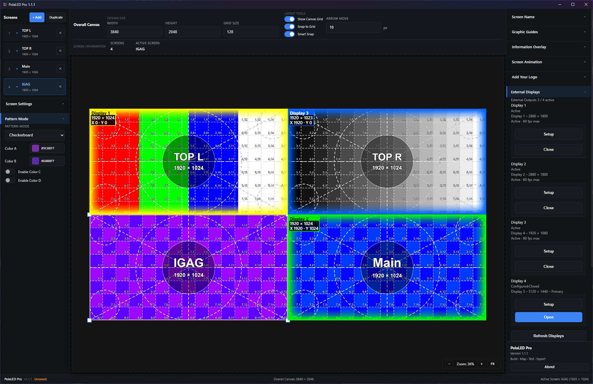 Four external display regions in PolaLED Pro
