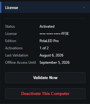 License Panel in PolaLED Pro